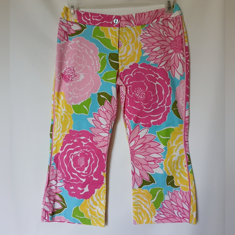 Lilly Pulitzer Zinnia Rose Flare Capris Size 2 Pink Yellow Multicolor